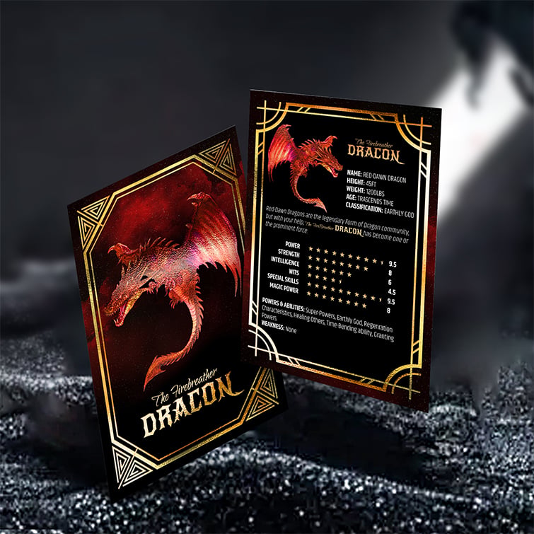 Akuafoil-Trading-Card-Gaming-Cards-Collectors-Delight.jpg Printed color on Both Side, inline Foil on Front Side with SPOT UV coating and Premium Gloss (16pt C2S) Paper stock and Akuafoil Gaming Cards Collectors Delight