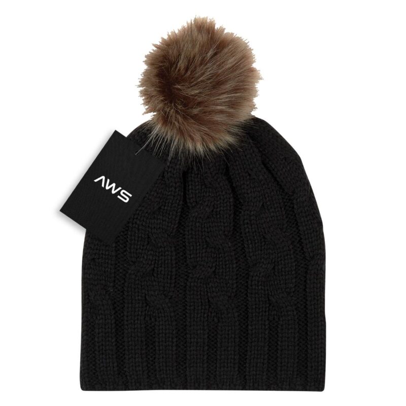 PR20417 1 BLACK DECORATED AWS Cameron Cable Knit Pom Beanie
