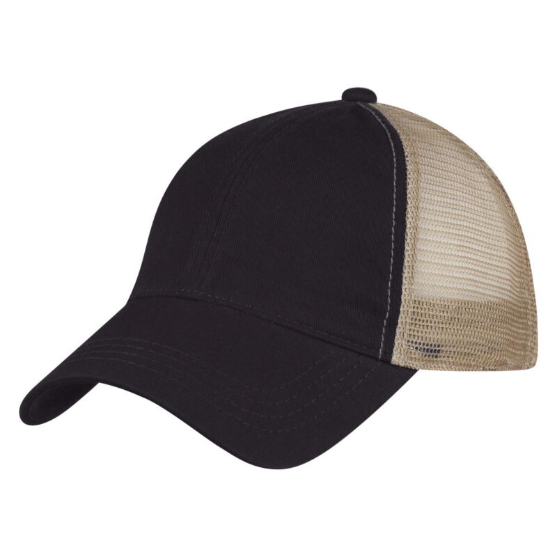 PR21807 1 BLACK WITH KHAKI DECORATED Washed Cotton Mesh Back Cap