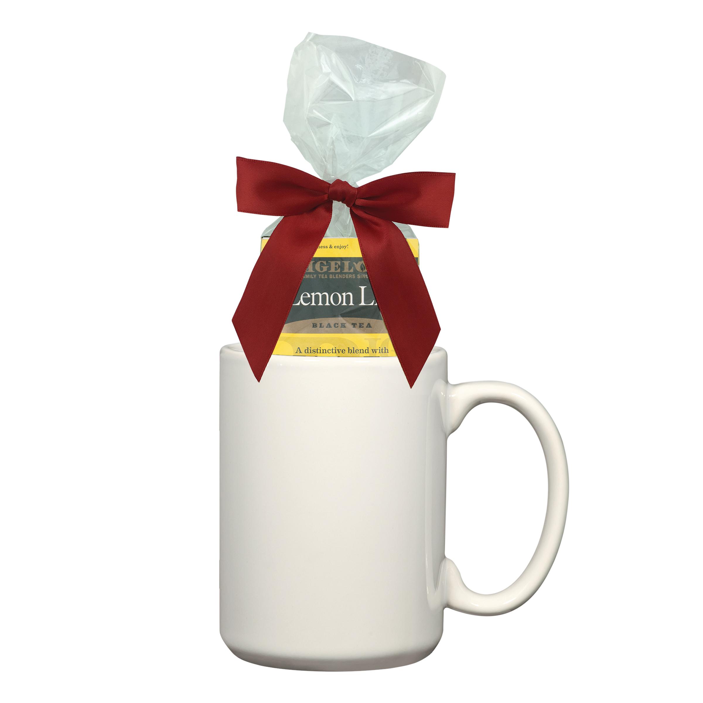 PR22231 1 WHITE DECORATED 15 Oz. Full Color Mug with Four Assorted Tea Bags