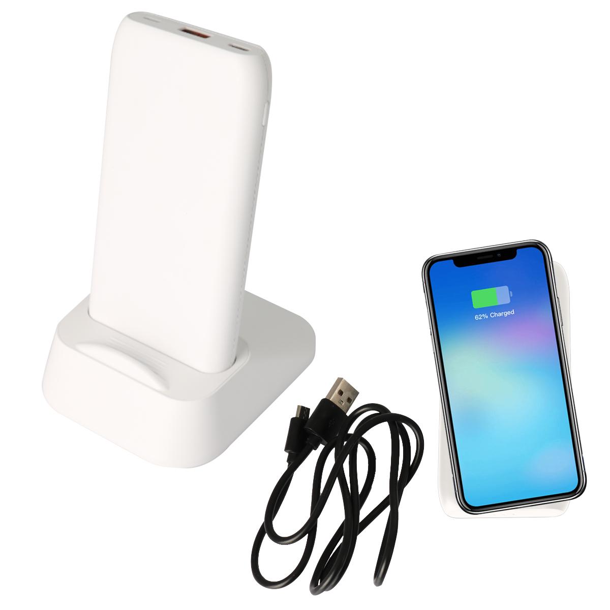 PR24779 2 WHITE DECORATED UL Listed Wireless Charging Dock and Power Bank
