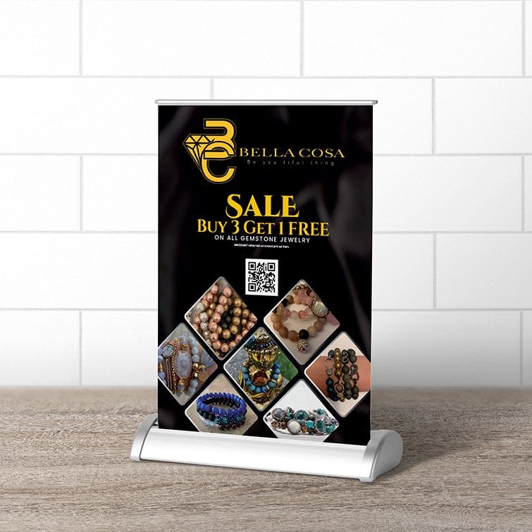 Tabletop-Banner-Jewellery-Fashion.jpg Tabletop Banner Jewellery Fashion | Tabletop Mini Retractable Banners Printing | Double White Popup with UV - 0.36mm Material with Deluxe Retractable Banner 1-sided Banner Stand | Print Magic
