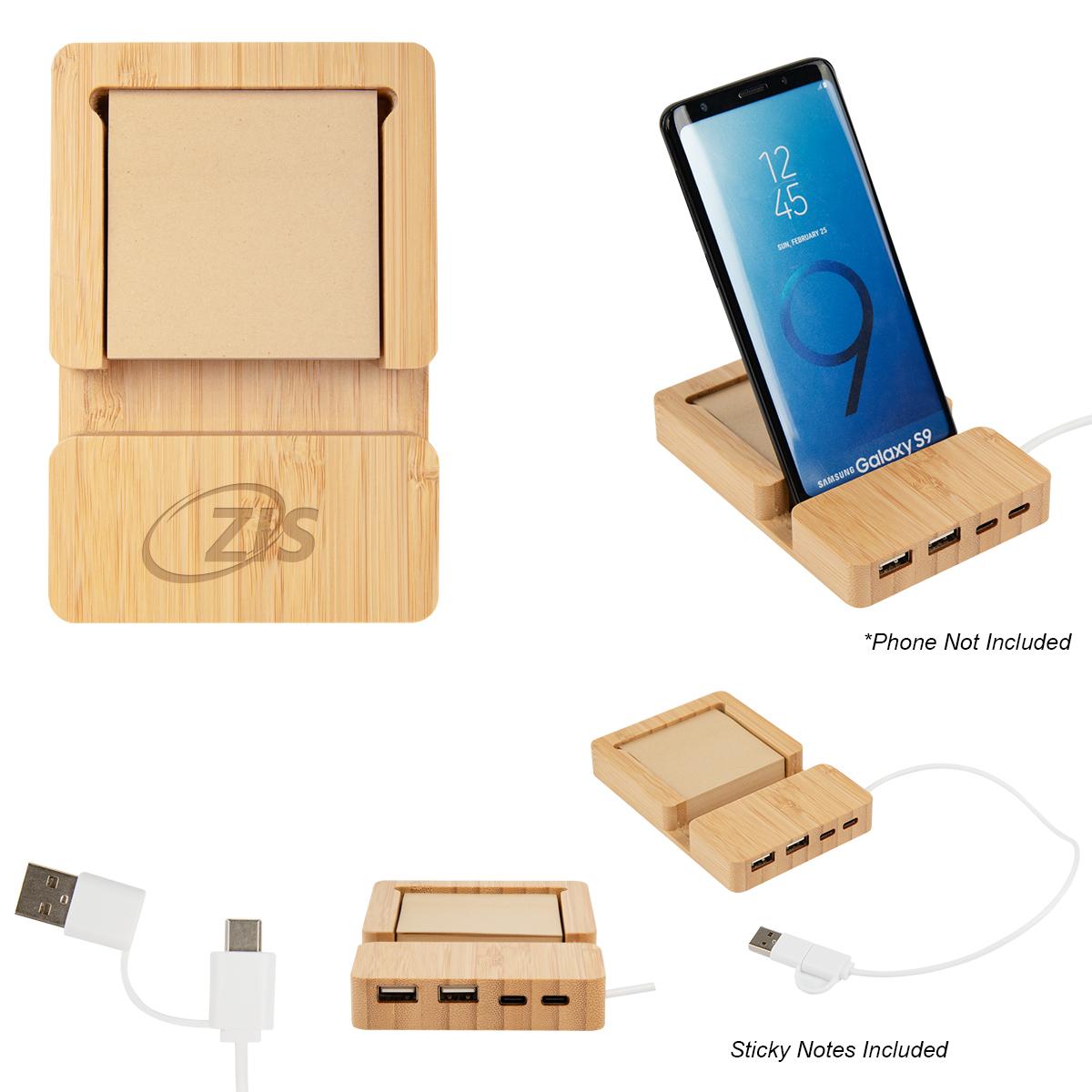 PR20963-Bamboo-Multi-Port-Hub-With-Phone-Holder-Sticky-Notes.jpg PR20963 Bamboo Multi Port Hub With Phone Holder Sticky Notes
