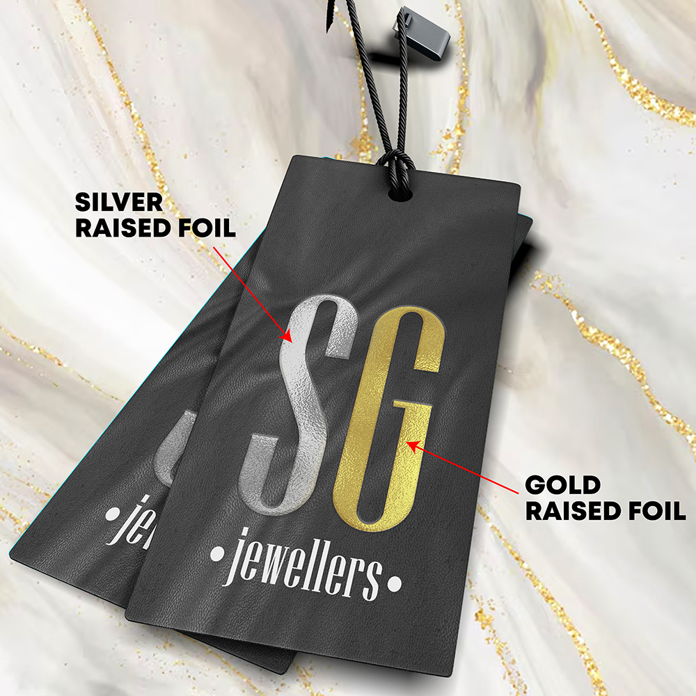 Dual Raised Holographic Gold Silver Foil and Raised SPOT UV Hang Tags Jewellery ThickCards Premium Product