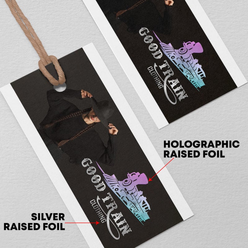 Dual Raised Holographic Gold Silver Foil and SPOT UV Hang Tags Clothing Branding Soft Premium Product ThickCards