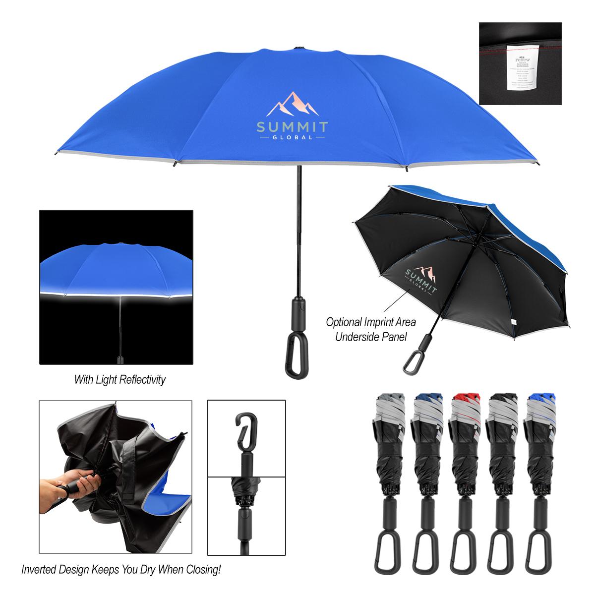 46″ Arc Telescopic Inversion Umbrella With Carabiner Handle And 100% rPET Canopy