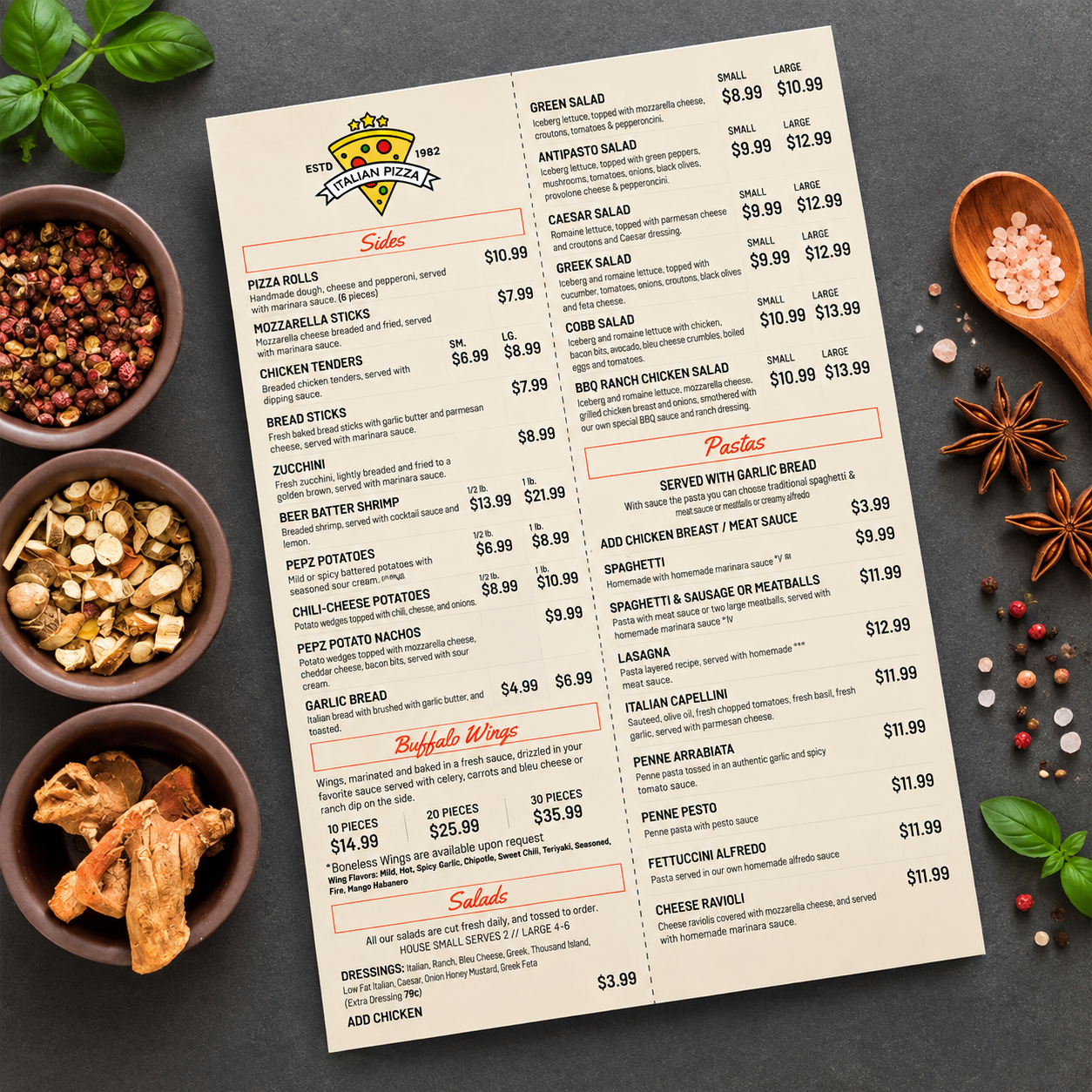 Vintage Italian Pizzeria Menu one Score - Eco friendly Natural Score Menu Menu Spa Hotel Restaurant Cafe Take Away | PrintMagic