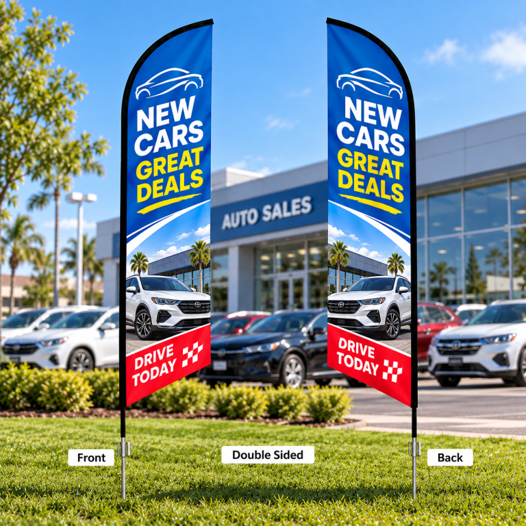 Double-Sided Feather Angled Flags for Business Advertising and Outdoor Displays New Car Dealership Flags | PrintMagic