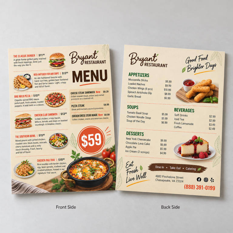 Eco Friendly 14 pt Natural Menus Restaurant Premium Natura Menu with FLAT - No Folding & Scoring and printed Full color front and back PrintMagic