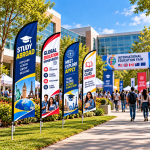 International Education Fair Entrance Custom Angled Feather Advertising Flag for campus open days, admission fairs, study-abroad expos, career fairs | Printmagic