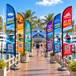 Marina Resort Adventure Boardwalk Angled Feather Flags Custom Sports Angled Feather Advertising Flag for Marketing displays printed on durable Polyester fabric | Printmagic