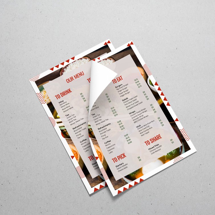 Custom Dine-In Menus | Restaurant Dine-In Menus with Standard Gloss Text-100lb and UV Coating Both Sides and printed Full color front and back | Print Magic