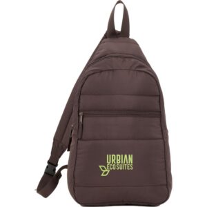 Custom Promotional Products 10 PR13019 1 Chocolate CHOC DECORATED Puffer Recycled Sling Backpack