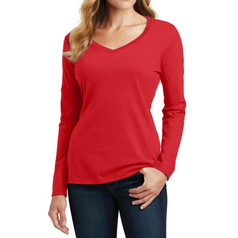 Political Printing 24 PR25769 2 Bright Red DECORATED Port Company Ladies Long Sleeve Fan Favorite V Neck Tee