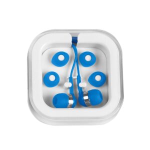 Custom Promotional Products 6 PR27867 1 WHITE WITH BLUE DECORATED Earbuds In Case
