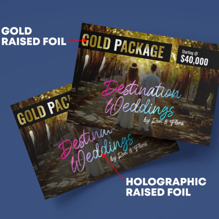 Dual Raised Holographic Foil & Gold Foil postcard wedding RSVP